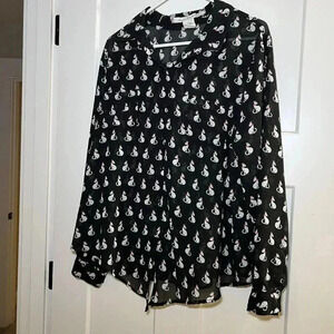 American Rag Cie Long Sleeve Shirt Blouse Cats Sz XL Black Red Collar Kitty